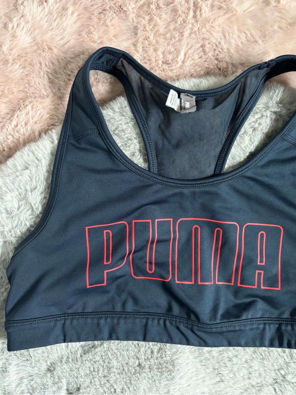 Puma blue racerback sports bra pink logo
